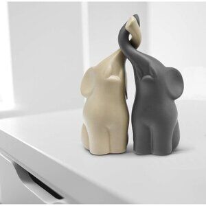 New Loving Pair of Elephants Ceramic Sculpture Beige Grey Modern Home Decor